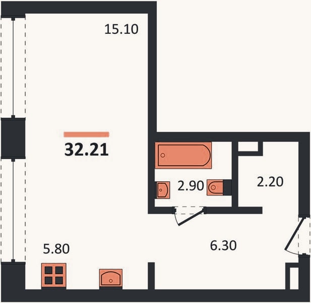 Планировка: Студия, 32,2 м²