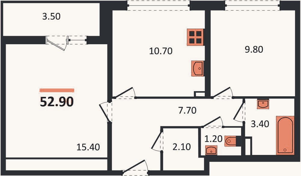 Планировка: 2-к, 52,9 м²