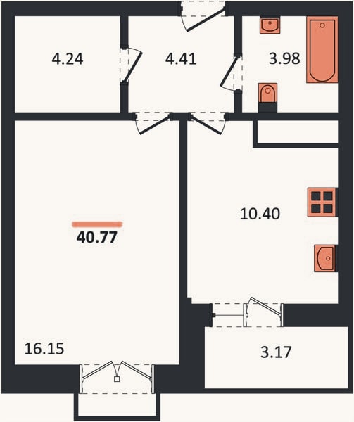 Планировка: 1-к, 40,8 м²