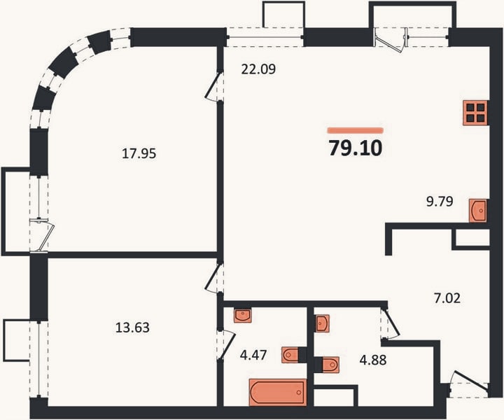 Планировка: 2-к, 79,1 м²