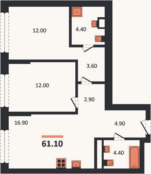 Планировка: 2-к, 61,1 м²