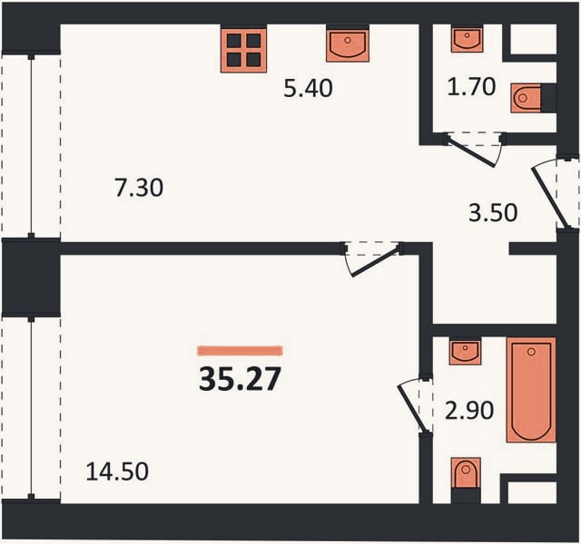 Планировка: 1-к, 35,3 м²