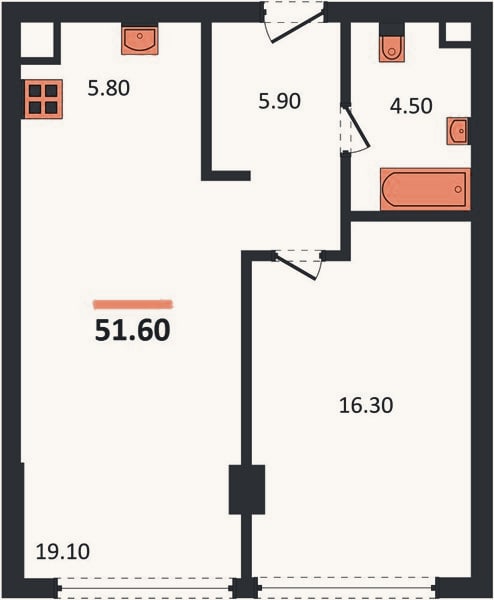 Планировка: 1-к, 51,6 м²