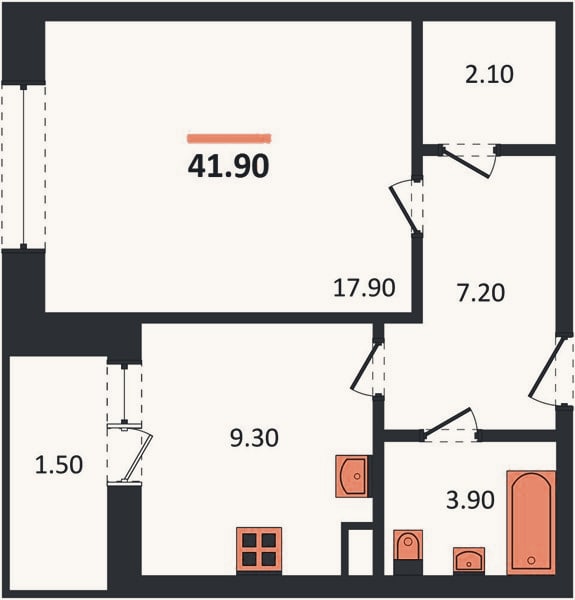 Планировка: 1-к, 41,9 м²
