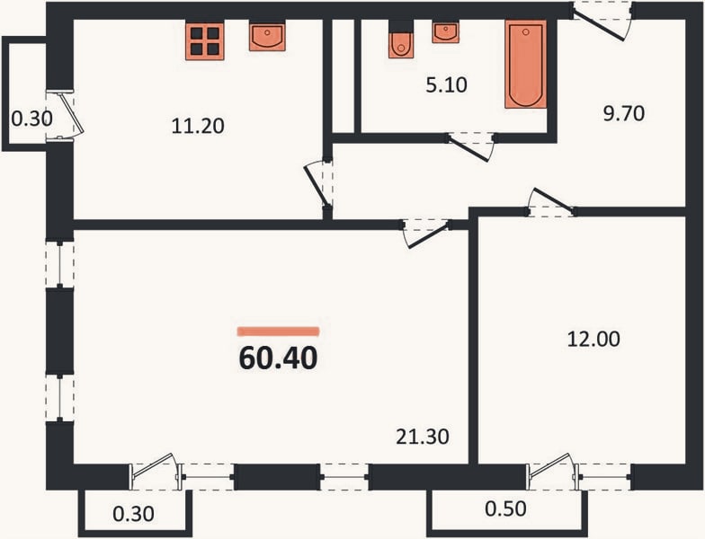 Планировка: 2-к, 60,4 м²