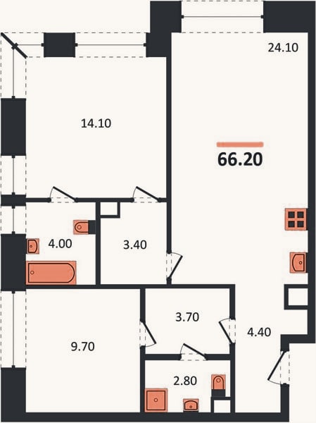Планировка: 2-к, 66,2 м²