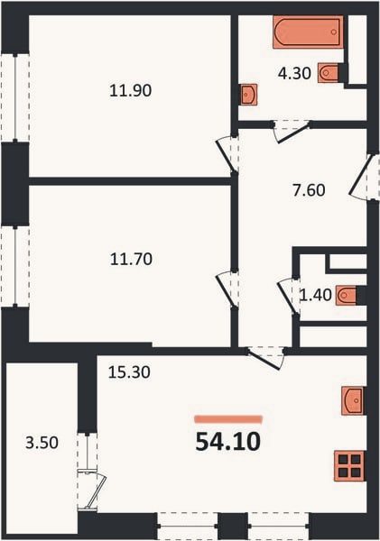 Планировка: 2-к, 54,1 м²
