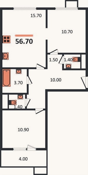 Планировка: 2-к, 56,7 м²
