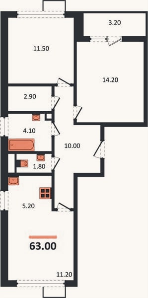 Планировка: 2-к, 62,9 м²