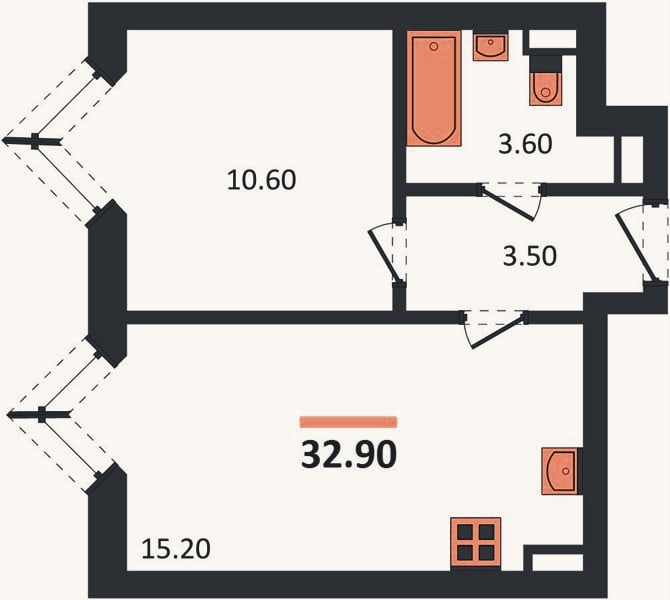 Планировка: 1-к, 32,9 м²