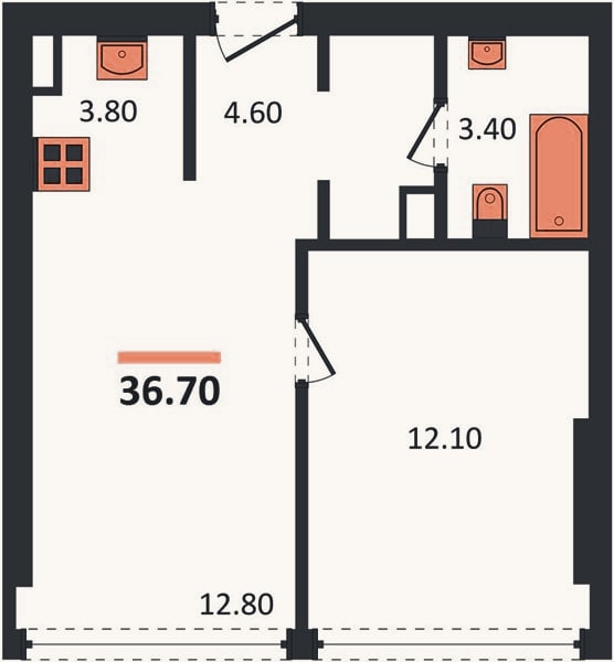 Планировка: 1-к, 36,7 м²