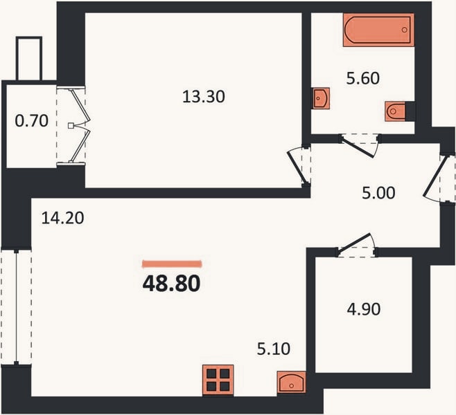 Планировка: 1-к, 48,8 м²