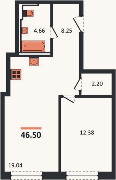 Планировка: 1-к, 46,5 м²