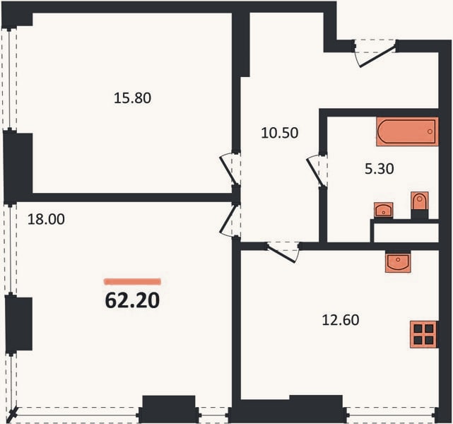 Планировка: 2-к, 62,2 м²