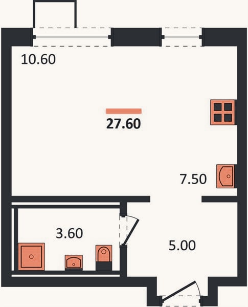 Планировка: Студия, 27,6 м²