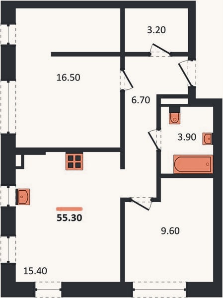 Планировка: 2-к, 55,3 м²
