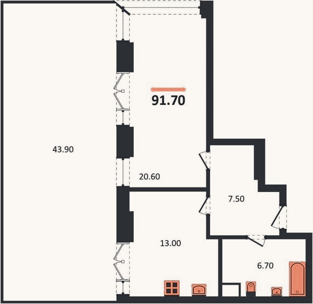 Планировка: 1-к, 91,7 м²