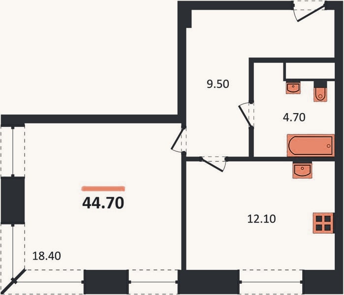 Планировка: 1-к, 44,7 м²