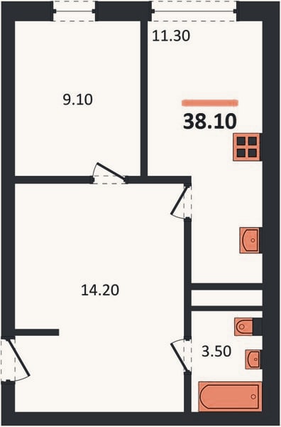 Планировка: 1-к, 38,1 м²