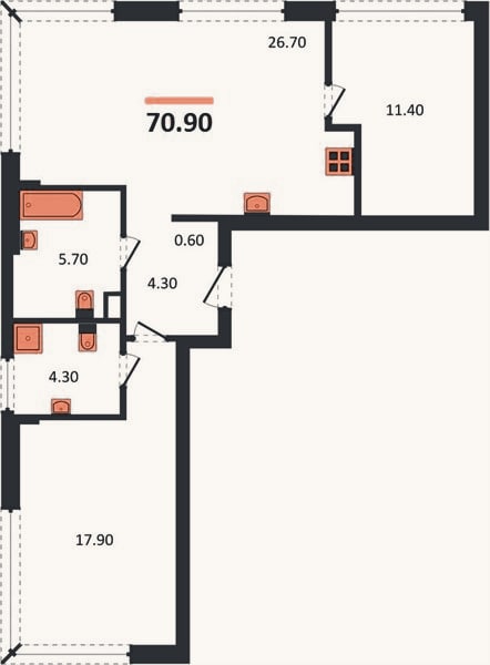 Планировка: 2-к, 73 м²