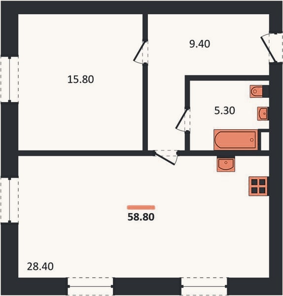 Планировка: 1-к, 58,8 м²