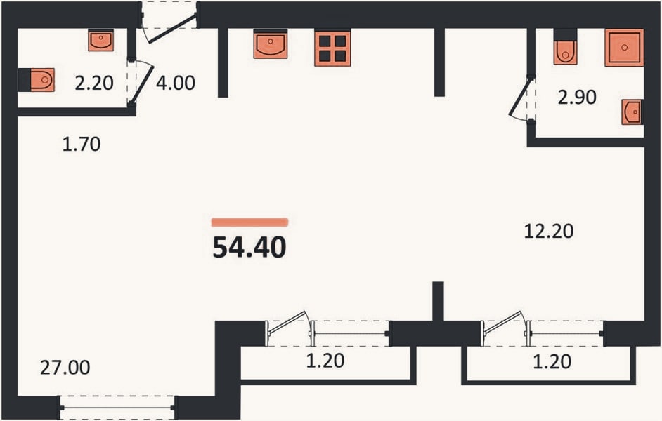 Планировка: 1-к, 54,4 м²
