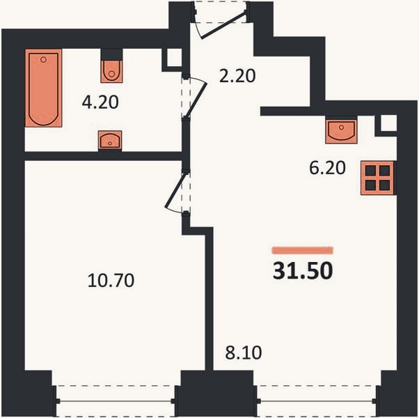 Планировка: 1-к, 31,5 м²