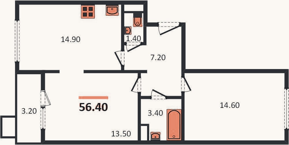 Планировка: 2-к, 56,4 м²