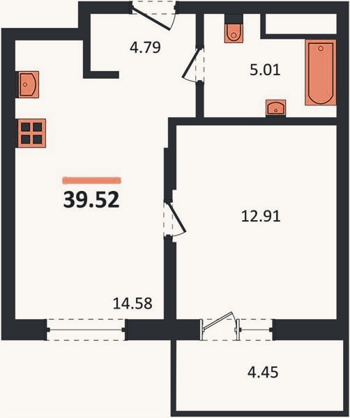 Планировка: 1-к, 39,5 м²