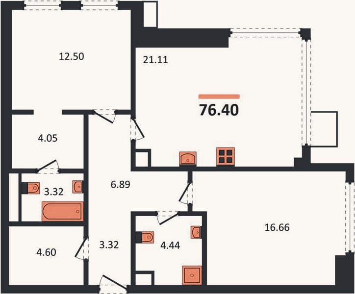 Планировка: 2-к, 76,4 м²