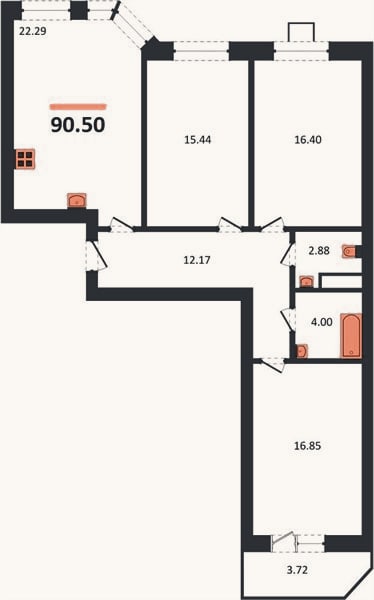 Планировка: 3-к, 90,5 м²