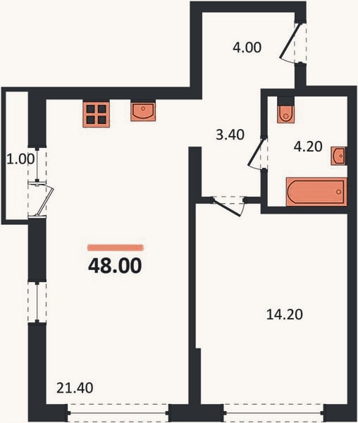 Планировка: 1-к, 48 м²