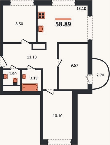 Планировка: 3-к, 58,9 м²