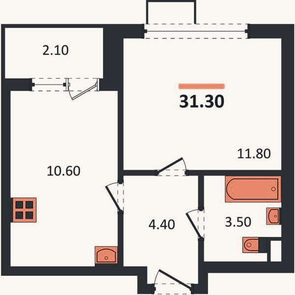 Планировка: 1-к, 31,3 м²