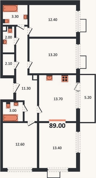 Планировка: 4+ к, 89 м²
