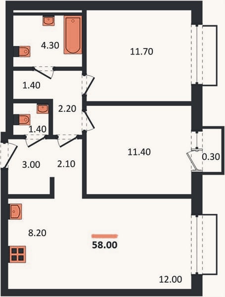 Планировка: 2-к, 58 м²