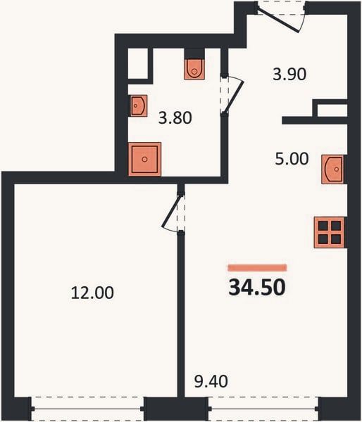 Планировка: 1-к, 34,5 м²