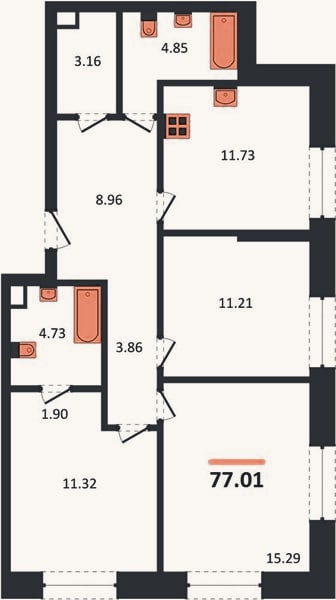 Планировка: 3-к, 77 м²