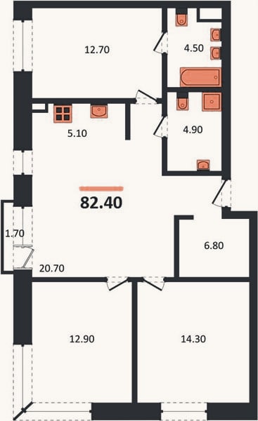 Планировка: 3-к, 82,4 м²