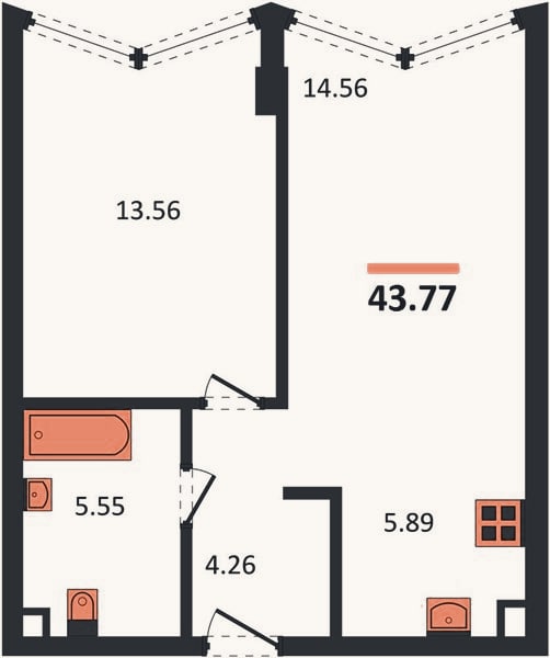 Планировка: 1-к, 43,8 м²