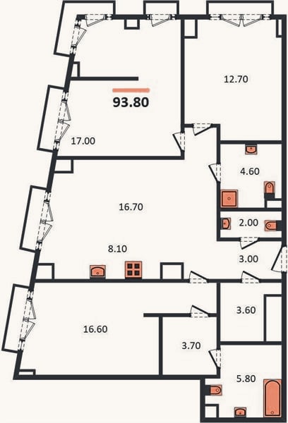 Планировка: 3-к, 93,8 м²