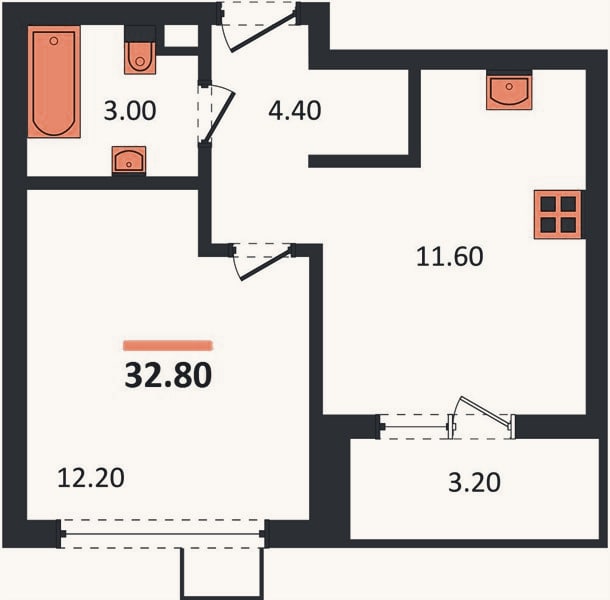 Планировка: 1-к, 32,8 м²