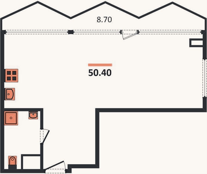 Планировка: 1-к, 50,4 м²