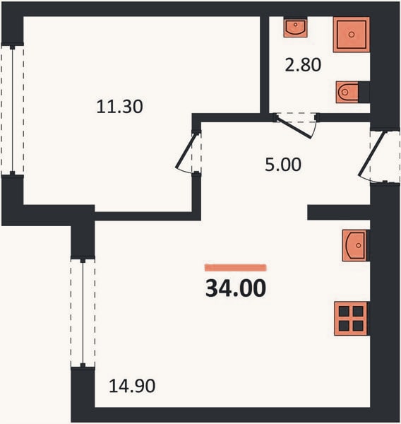 Планировка: 1-к, 34 м²