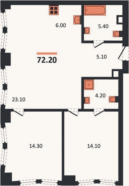 Планировка: 2-к, 72,2 м²