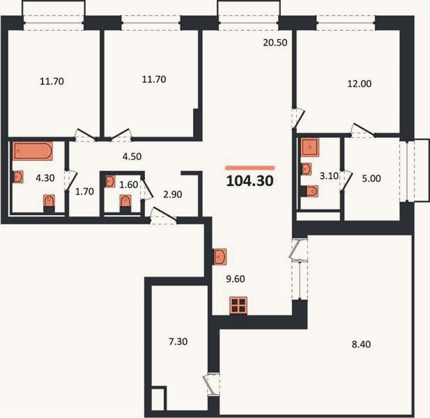 Планировка: 3-к, 104,3 м²