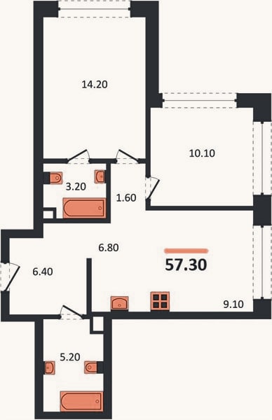 Планировка: 2-к, 57,3 м²