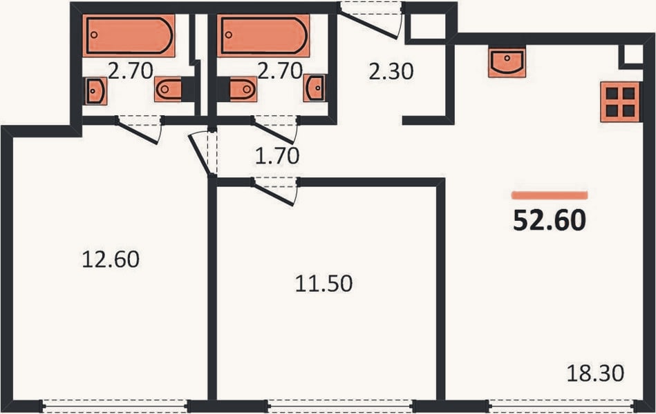 Планировка: 2-к, 52,6 м²