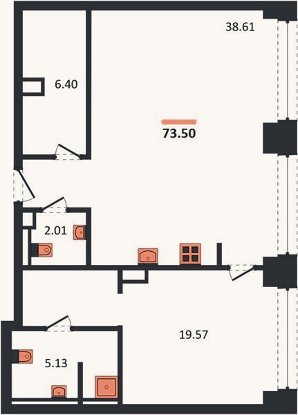 Планировка: 1-к, 73,5 м²