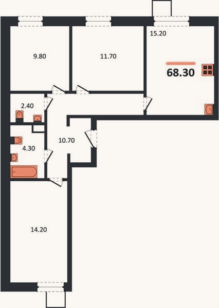 Планировка: 3-к, 68,3 м²